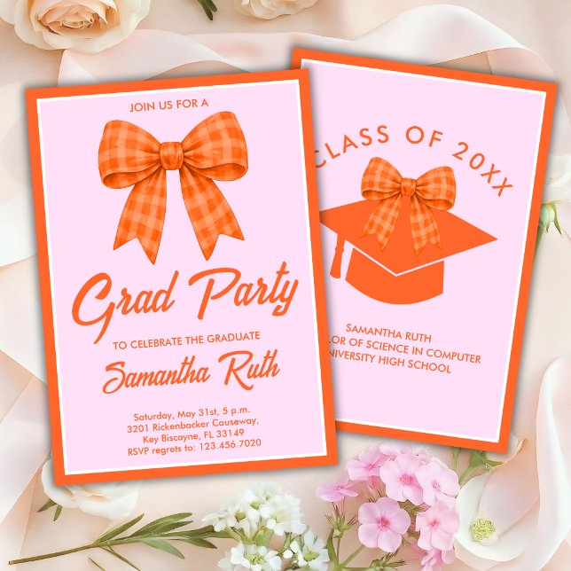 Orange Gingham Bow Graduation Party Invitation (Creator Uploaded)