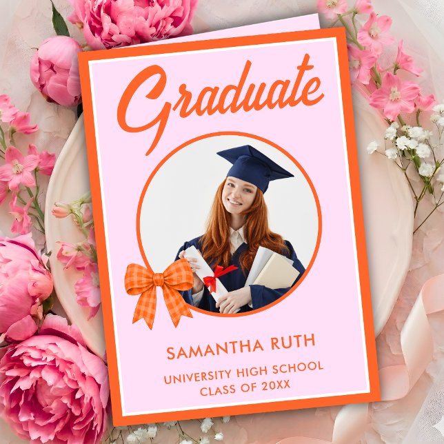 Orange Gingham Bow Photo Graduation  Card (Creator Uploaded)