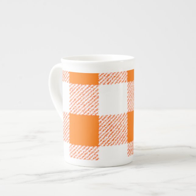 Orange Gingham Check Pattern Bone China Mug (Front Left)