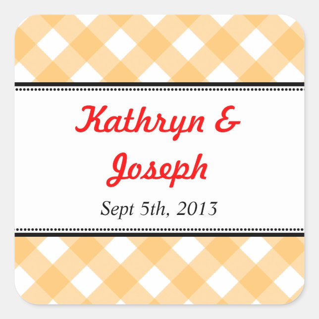 Orange gingham country picnic rustic wedding favou square sticker (Front)