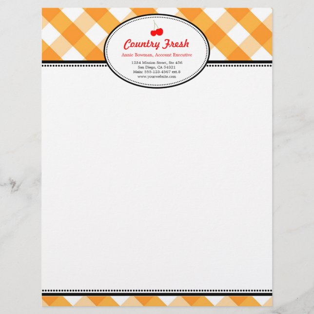 Orange gingham country rustic red cherry personal letterhead design (Front)
