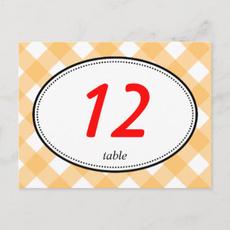 Orange gingham country rustic wedding table number postcard