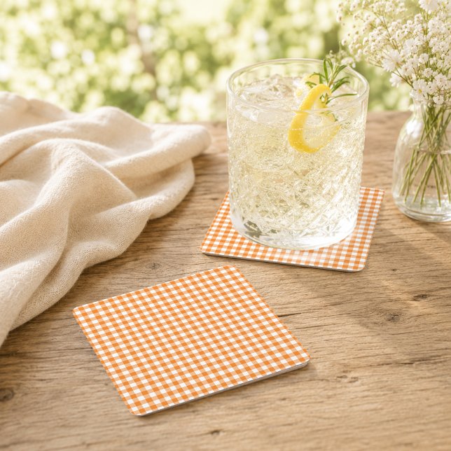 Orange Gingham Fall Pumpkin Drink Station Square Paper Coaster (Creator Uploaded)