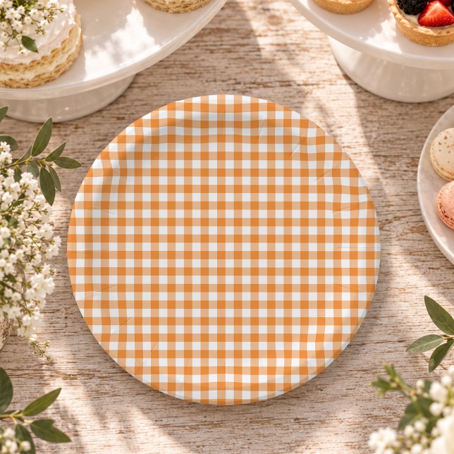Orange Gingham Fall Pumpkin Party Paper Plate (Creator Uploaded)