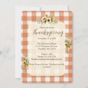 Orange Gingham Fall Sunflowers Floral Thanksgiving Invitation