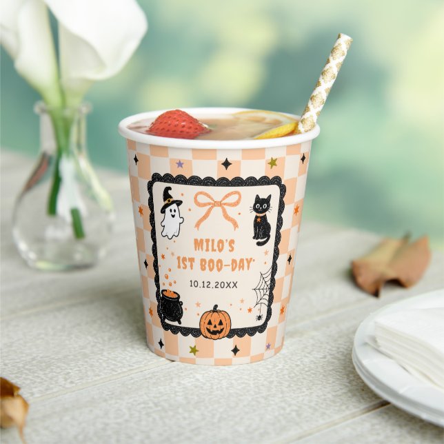 Orange Gingham Halloween Birthday Party Paper Cups (Insitu)