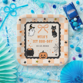 Orange Gingham Halloween Birthday Party Paper Plate