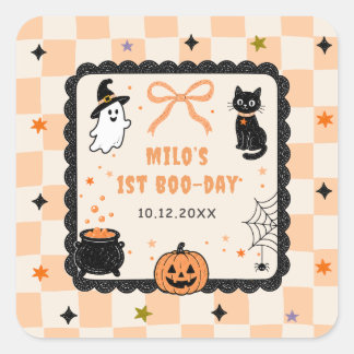 Orange Gingham Halloween Birthday Party Square Sticker