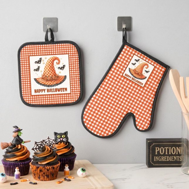 Orange Gingham Halloween Witch Hat and Bats Oven Mitt & Pot Holder Set (Creator Uploaded)