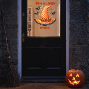 Orange Gingham Halloween Witch Hat And Bats Window Cling