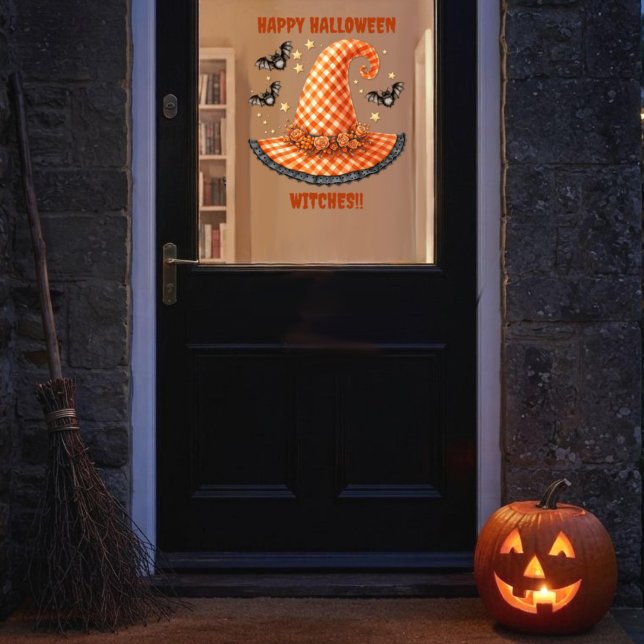 Orange Gingham Halloween Witch Hat And Bats Window Cling (Creator Uploaded)