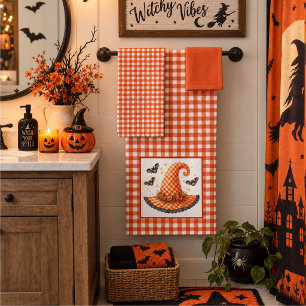 Orange Gingham Halloween Witch Hat & Bats Bath Towel Set