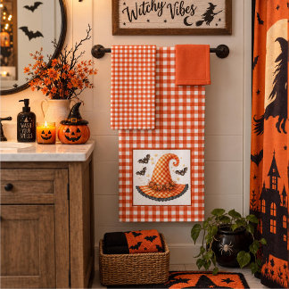 Orange Gingham Halloween Witch Hat & Bats Bath Towel Set