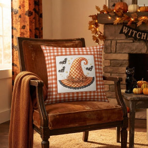 Orange Gingham Halloween Witch Hat & Bats Cushion