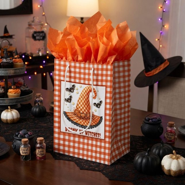 Orange Gingham Halloween Witch Hat & Bats Medium Gift Bag (Creator Uploaded)