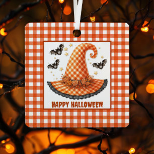 Orange Gingham Halloween Witch Hat & Bats Metal Tree Decoration