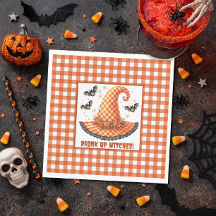 Orange Gingham Halloween Witch Hat & Bats Napkin
