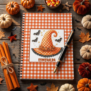 Orange Gingham Halloween Witch Hat & Bats Notebook