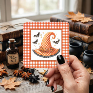 Orange Gingham Halloween Witch Hat & Bats Square Sticker