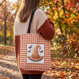 Orange Gingham Halloween Witch Hat & Bats Tote Bag