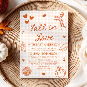Orange Gingham Hand Drawn Fall in Love Baby Shower Invitation