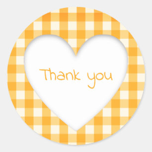 Orange Gingham Heart Classic Round Sticker
