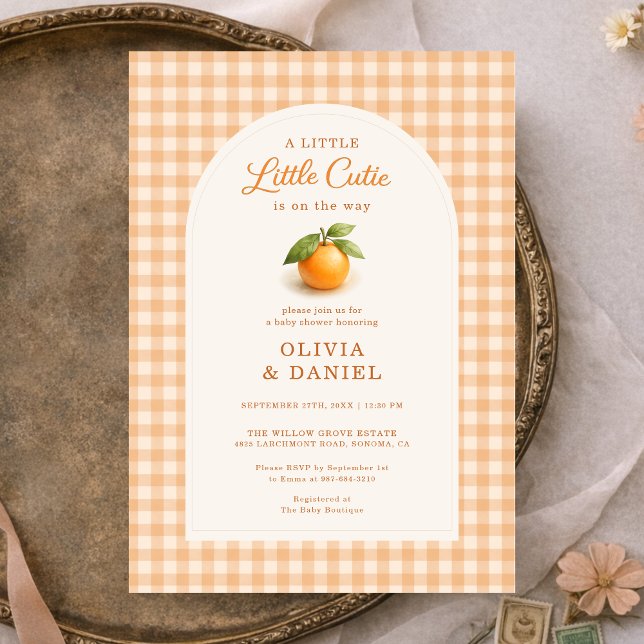 Orange Gingham Little Cutie Couples Baby Shower Invitation (Creator Uploaded)