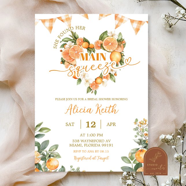 Orange Gingham Main Squeeze Bridal Shower Invitation (Creator Uploaded)
