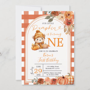 Orange Gingham Our Little Pumpkin 1st Birthday Invitation