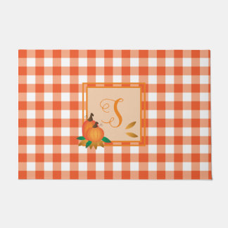 Orange Gingham Pattern Fall Monogram Doormat