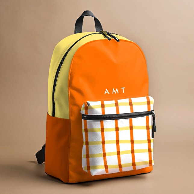 Orange Gingham Plaid Personalised Name Initials Printed Backpack (Creator Uploaded)