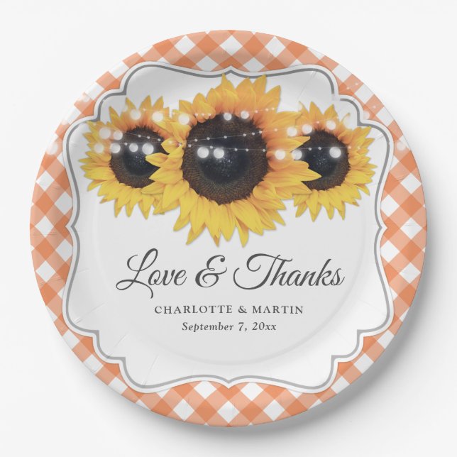 Orange Gingham Sunflower Love and Thanks Wedding Paper Plate (Front)