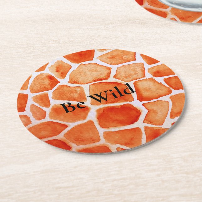 Orange Giraffe Animal Print Round Paper Coaster (Angled)