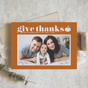 Orange Give Thanks Photo Happy Thanksgiving Holiday Card