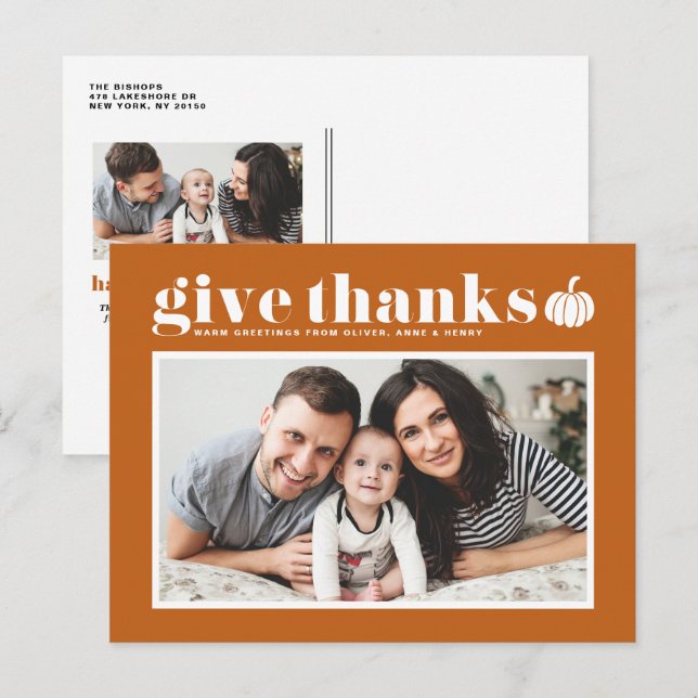 Orange Give Thanks Photo Happy Thanksgiving Holiday Postcard (Front/Back)