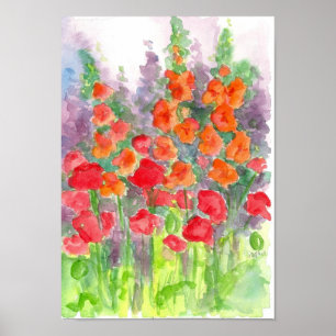 Orange Gladiolas Red Poppy Flower Watercolor Poster