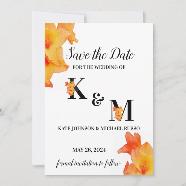 Orange Gladiolus Flower Watercolor Save The Date (Front)