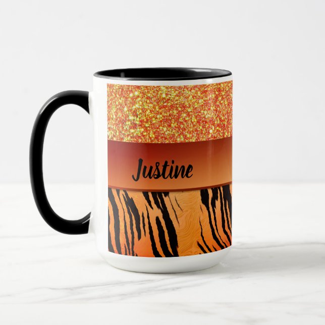 Orange Glam Glitter Tiger Print Personalised Mug (Left)