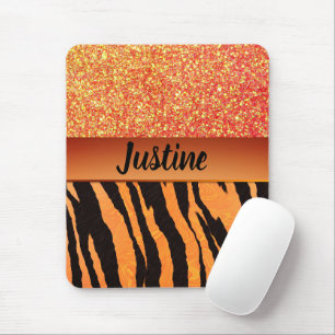 Orange Glam Glitter Tiger Print Personalized Mouse Mat