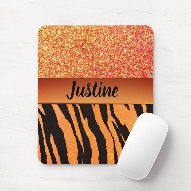 Orange Glam Glitter Tiger Print Personalized Mouse Mat (With Mouse)