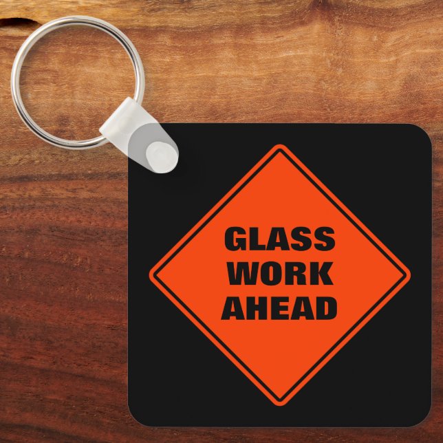 Orange glass work ahead road sign personalized key ring (Front)