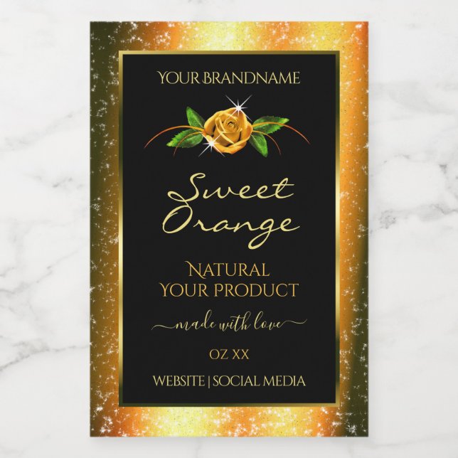 Orange Glitter Black Product Labels Rose Flower (Single Label)