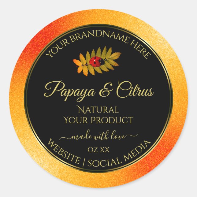 Orange Glitter Black Product Labels with Ladybug (Front)