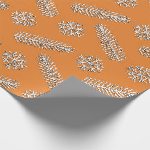 Orange Glitter Christmas Tree Holidays Snowflakes Wrapping Paper