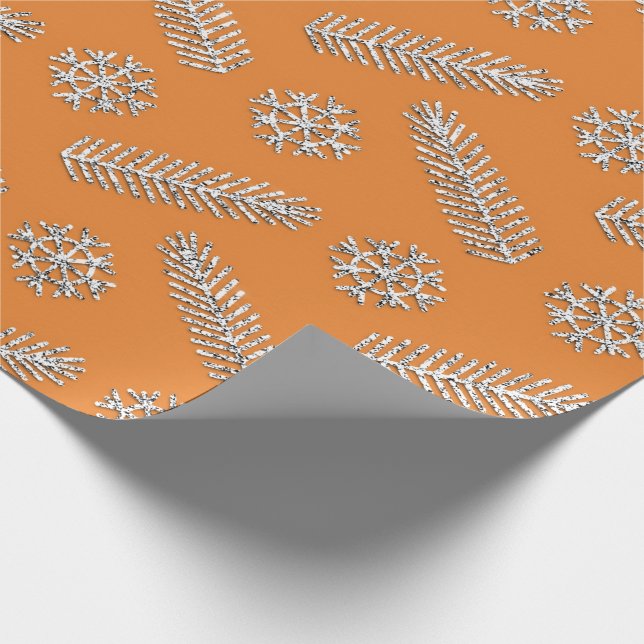 Orange Glitter Christmas Tree Holidays Snowflakes Wrapping Paper (Corner)