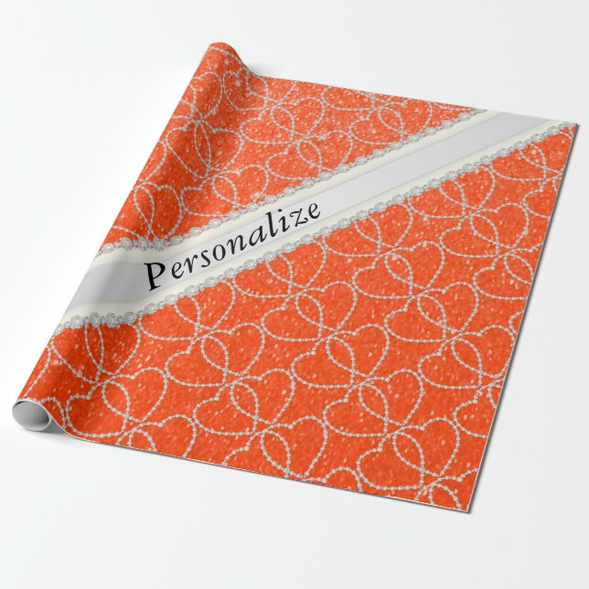 Orange Glitter Diamond Heart Pattern | DIY Name Wrapping Paper (Unrolled)