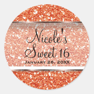 Orange Glitter Glam Sweet 16 Custom Party Favour Classic Round Sticker
