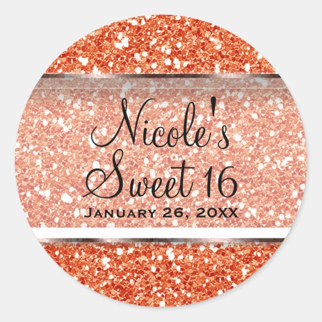 Orange Glitter Glam Sweet 16 Custom Party Favour Classic Round Sticker (Front)