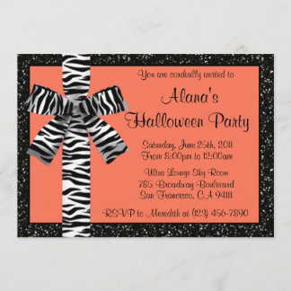 Orange Glitter Halloween Invite With Zebra Bow