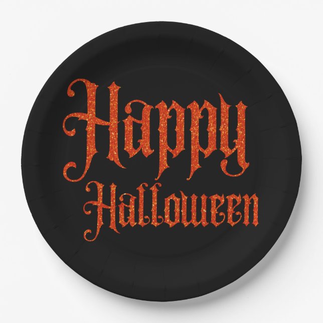 Orange Glitter Happy Halloween Paper Plate (Front)